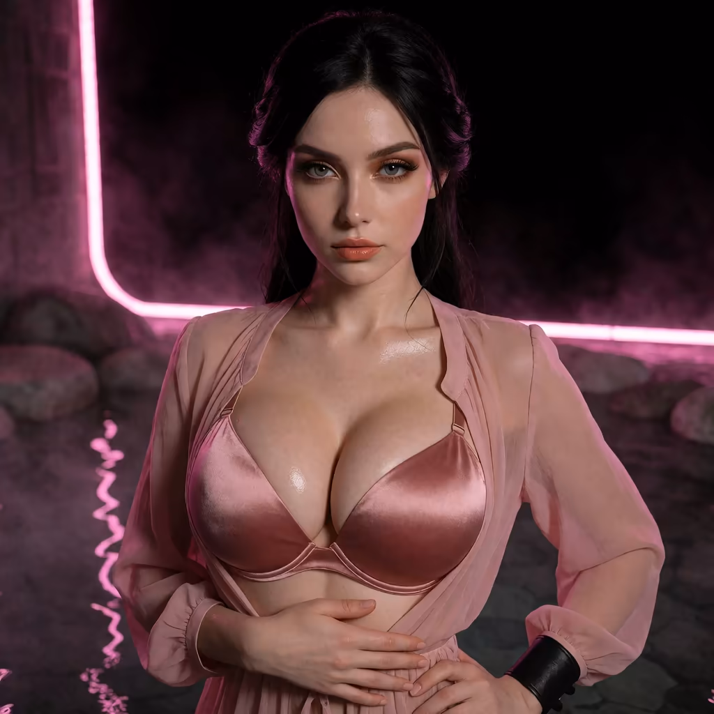 porn tv series — a character portrait shot in a hotspring setting