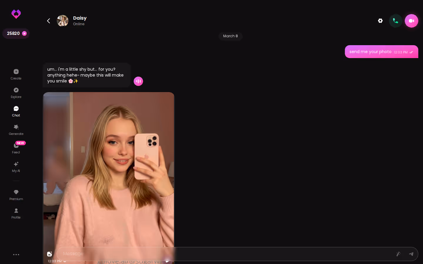 A GoLove chat with a character, where you can request a photo from the media button