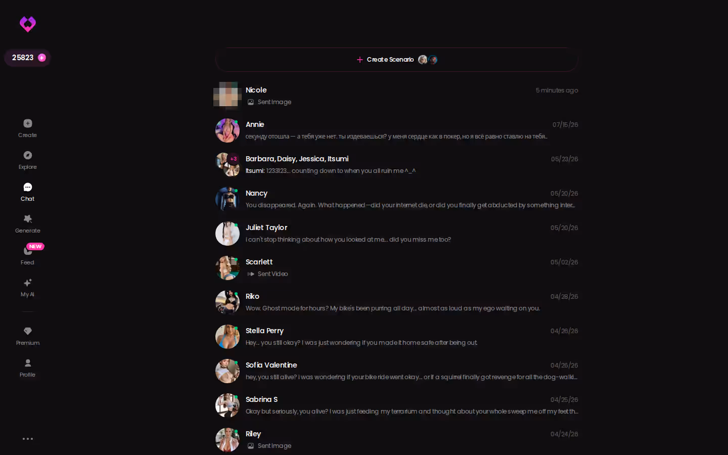 GoLove.ai chats inbox with several active conversations β ai companion apps that remember birthdays