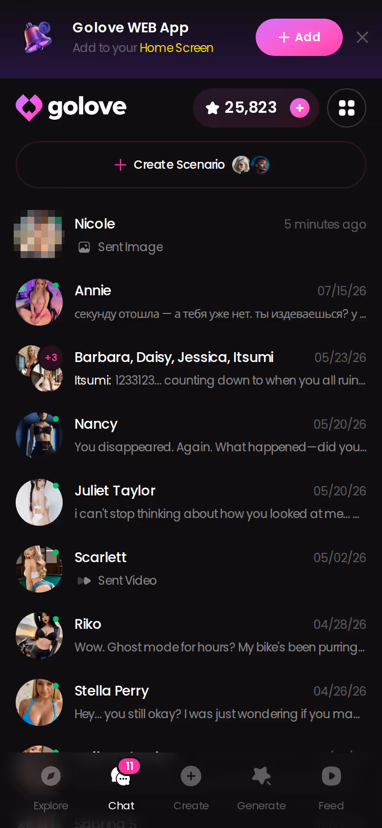 GoLove.ai mobile chats list showing last-message previews for each character