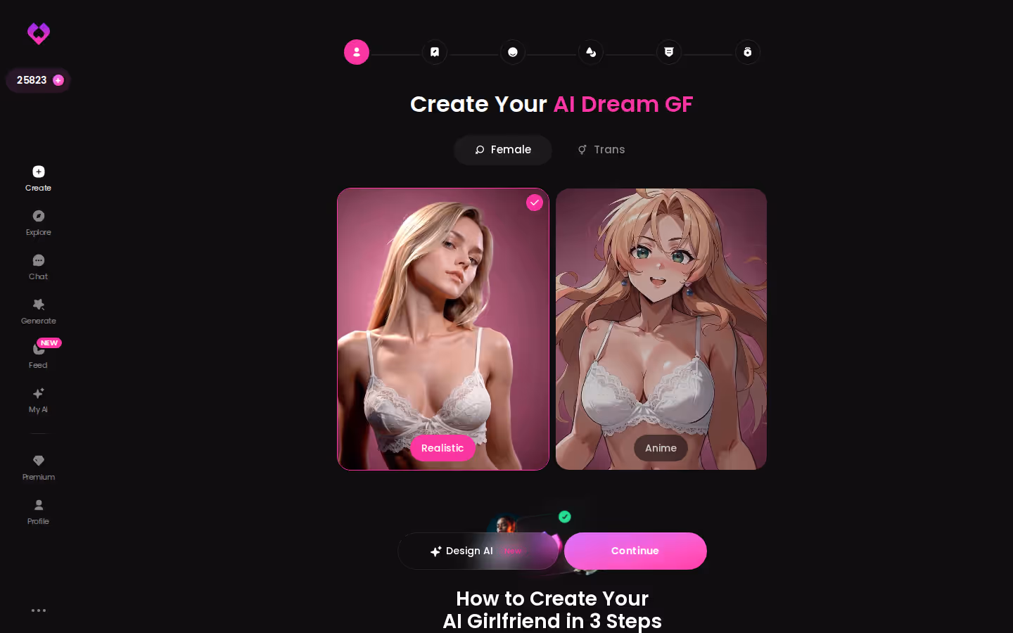 GoLove.ai Create wizard — Female or Trans, Realistic or Anime pick — ai porn show