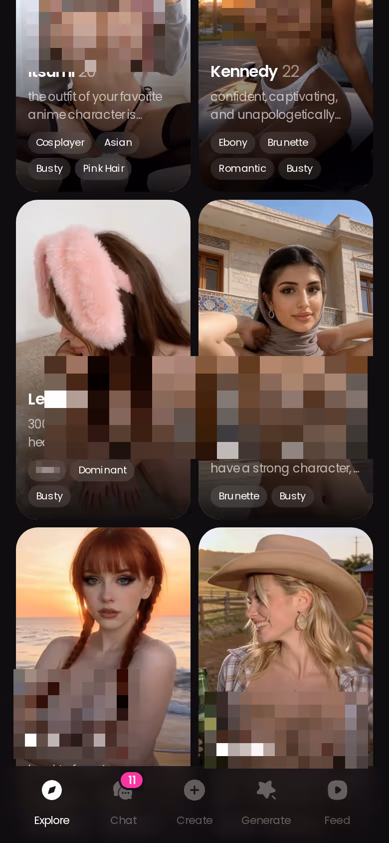 GoLove mobile Explore grid of realistic AI characters, the screen you land on next to the Series tab