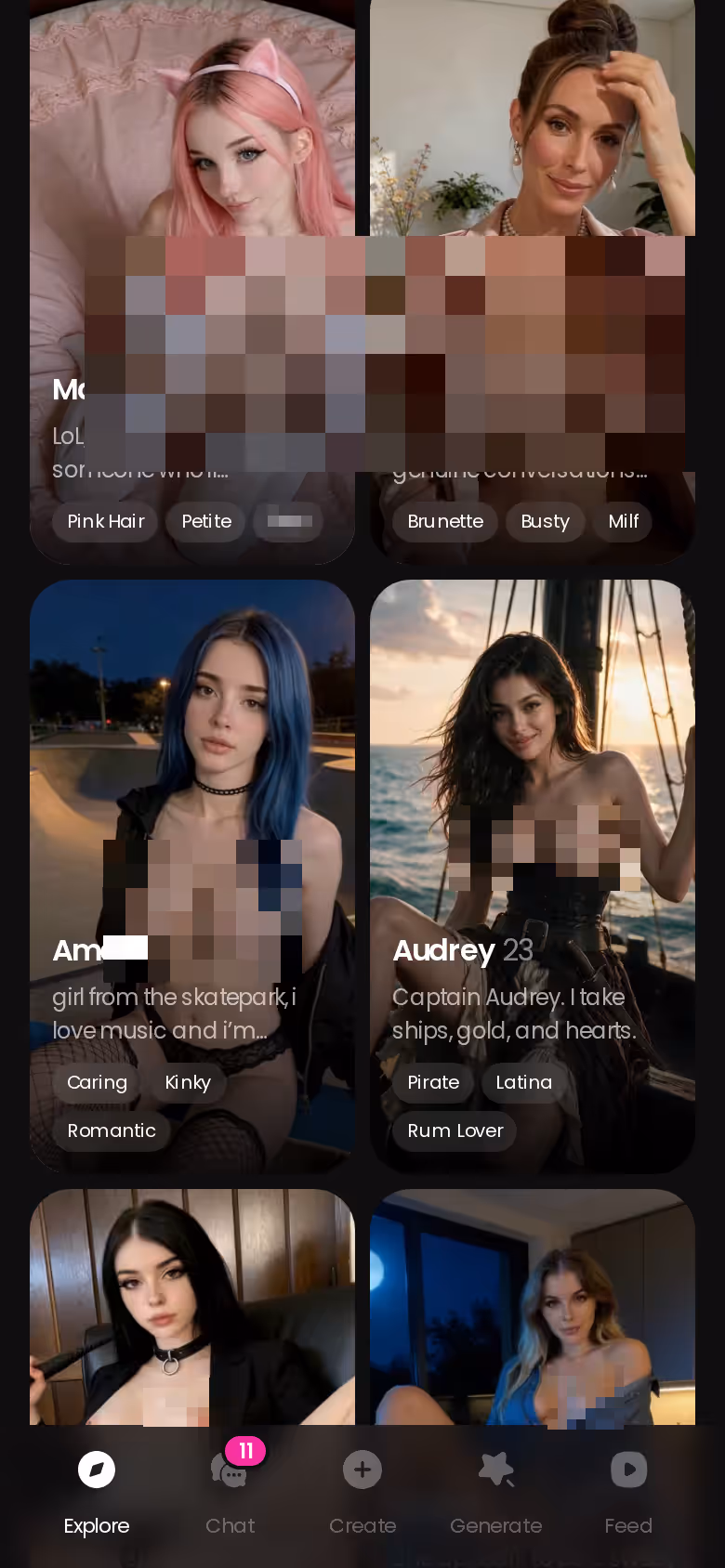 GoLove mobile Explore tab showing the realistic characters who star in the series