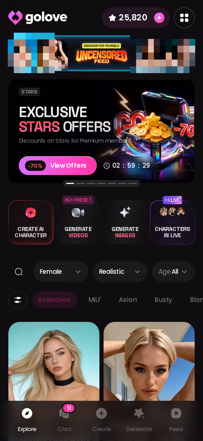 GoLove Explore screen on mobile with promo banners, tag chips and the character grid