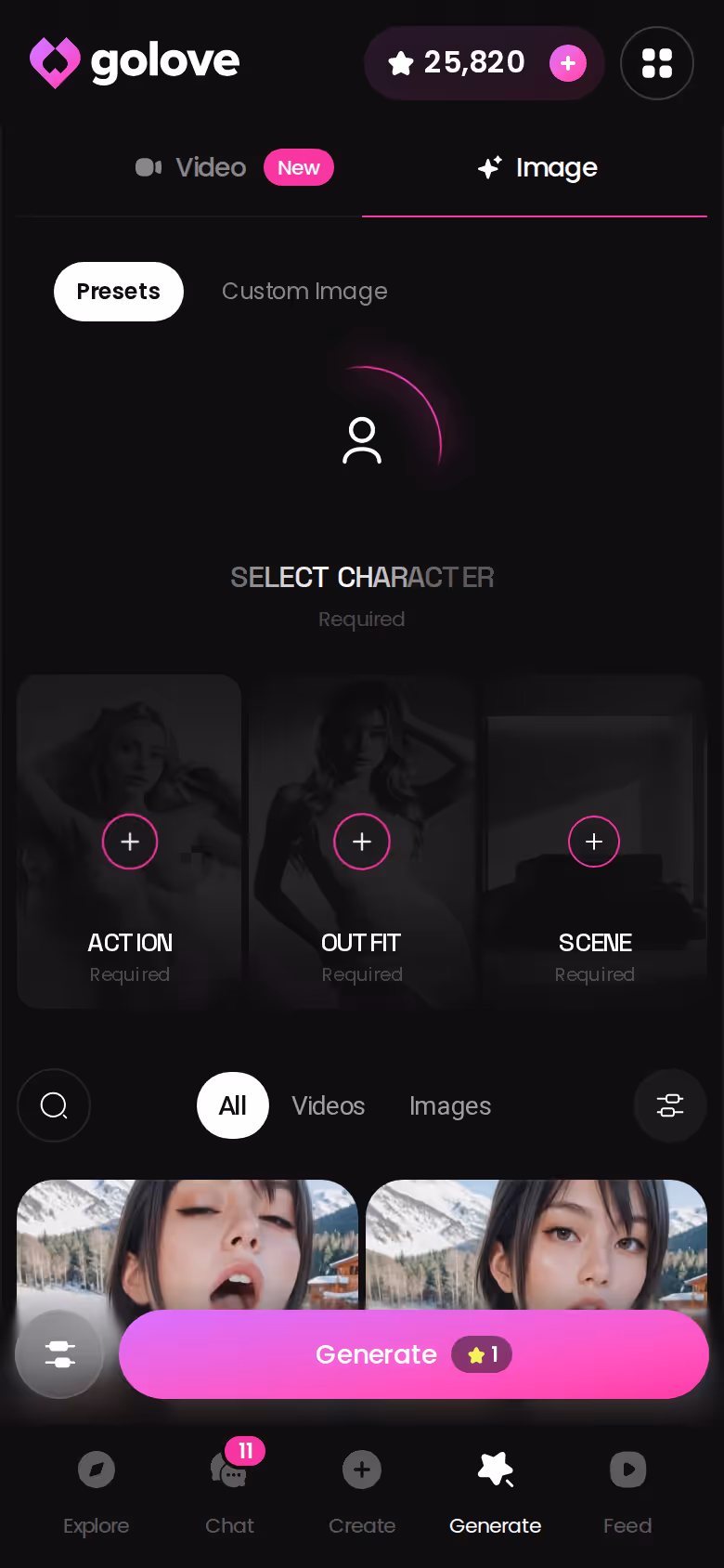 Mobile Image mode in the GoLove.ai generator with preset cards — porn tv series
