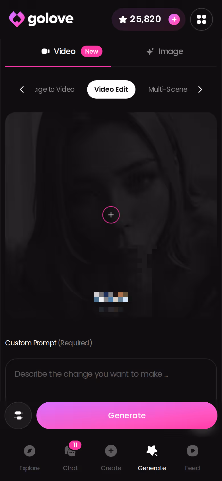 GoLove Video Edit screen on mobile for reworking an existing clip